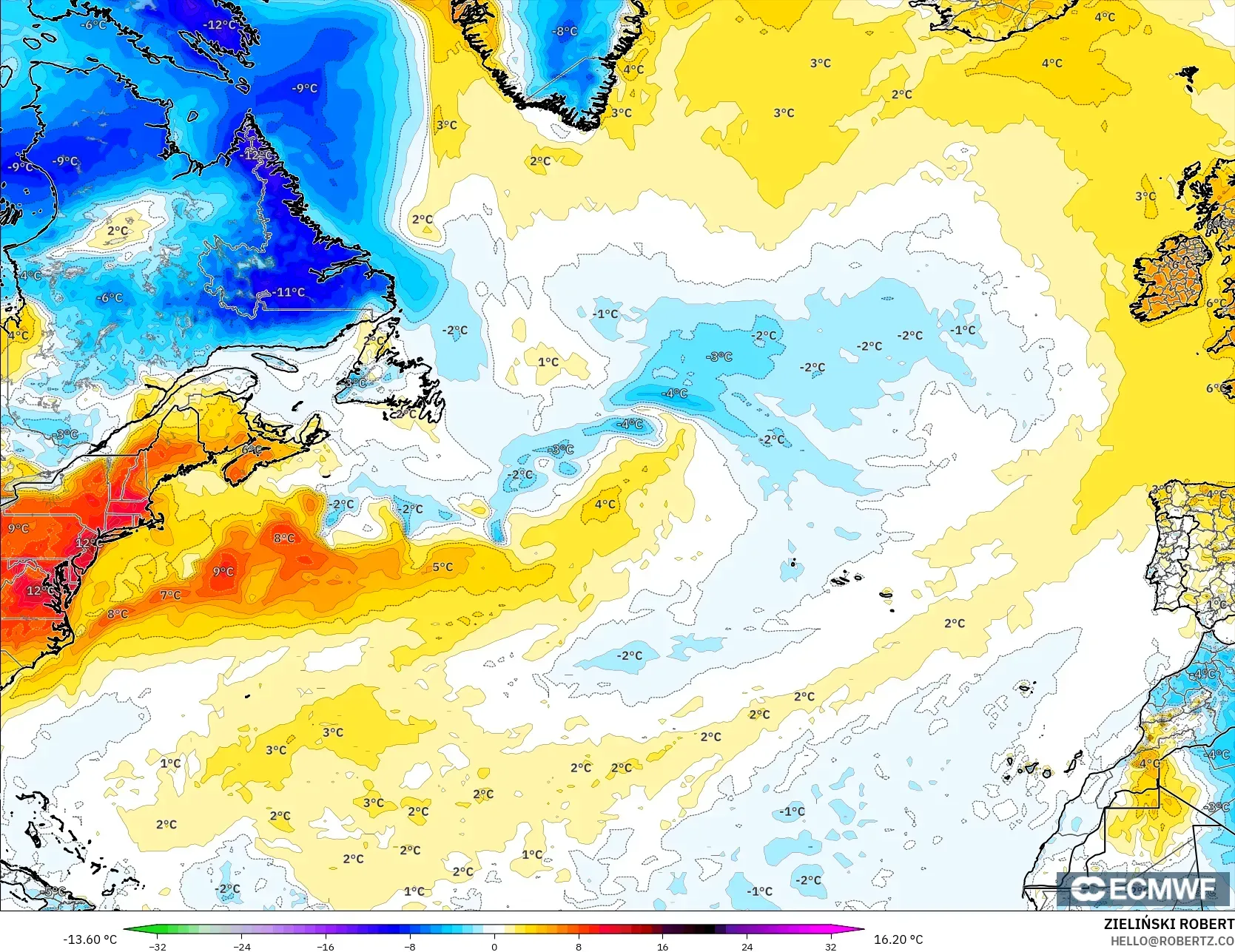 ECMWF IFS 0.25° モデル - 北大西洋, 気温異常（2m）