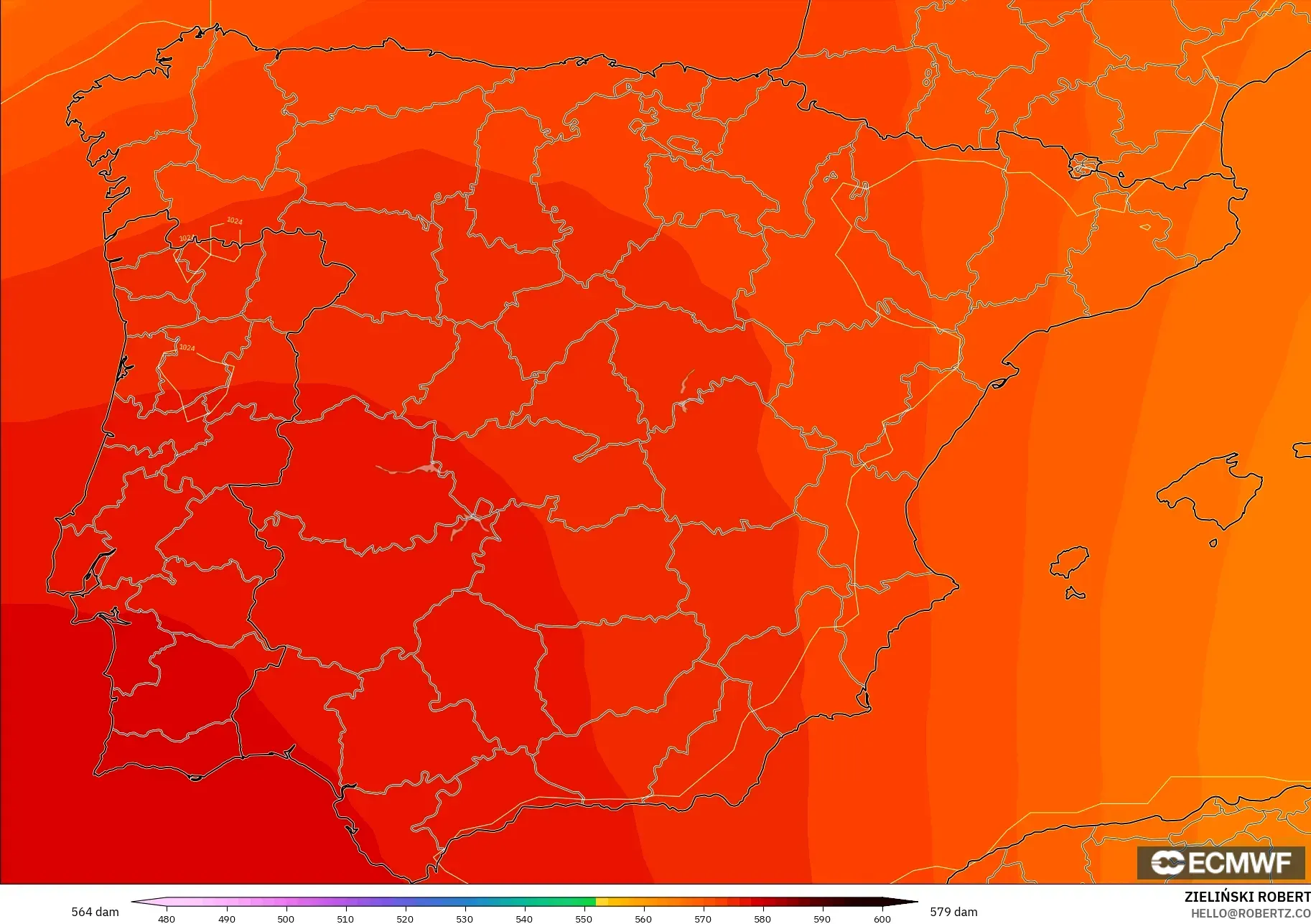 ECMWF IFS 0.25° モデル - スペイン, 500hPaのジオポテンシャル高度