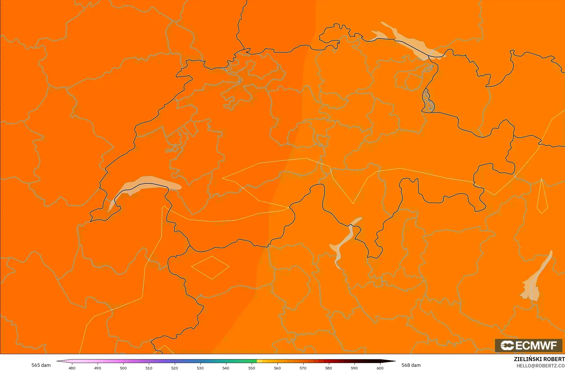 ECMWF IFS 0.25° モデル - スイス, 500hPaのジオポテンシャル高度