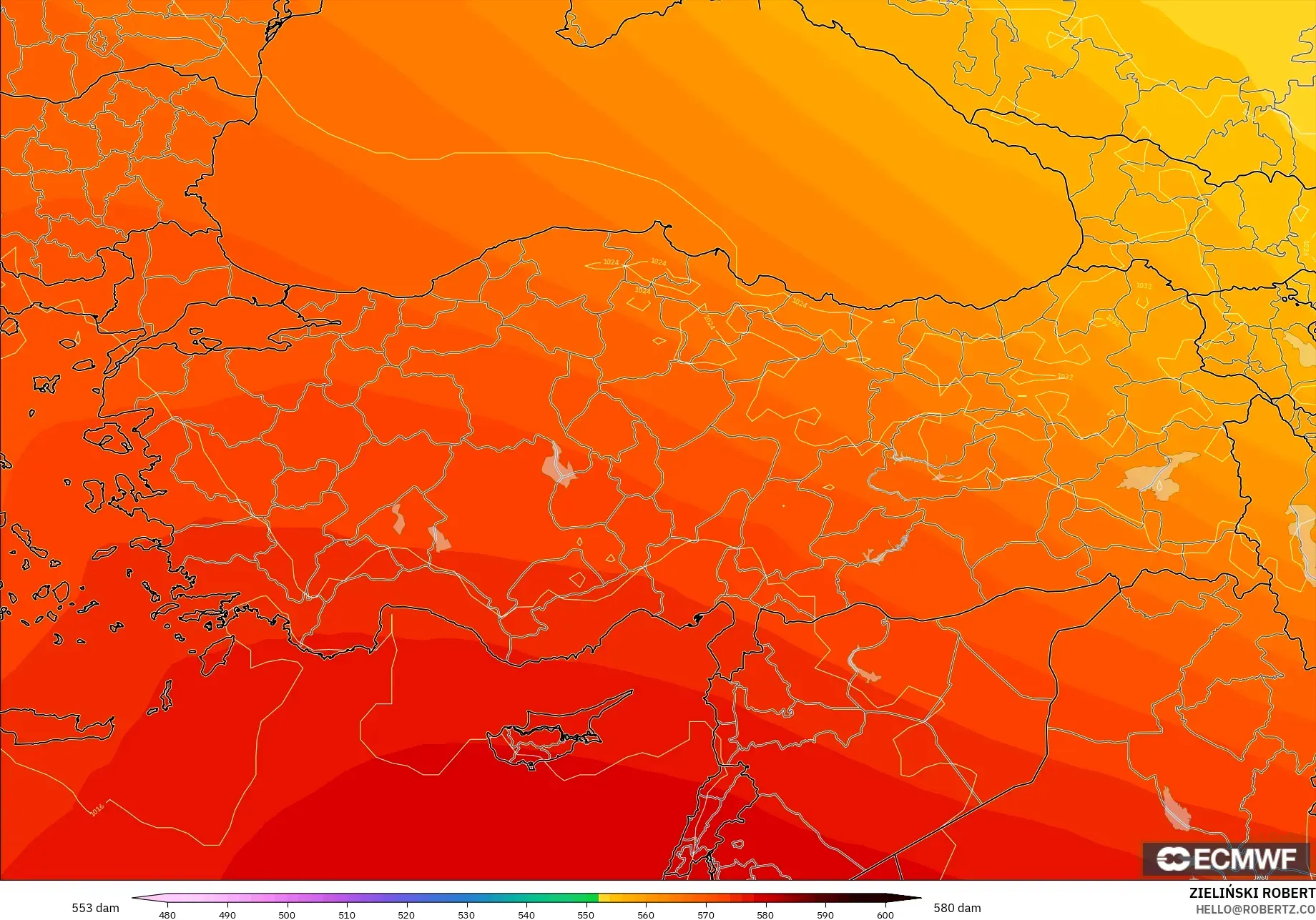 ECMWF IFS 0.25° モデル - トルコ, 500hPaのジオポテンシャル高度