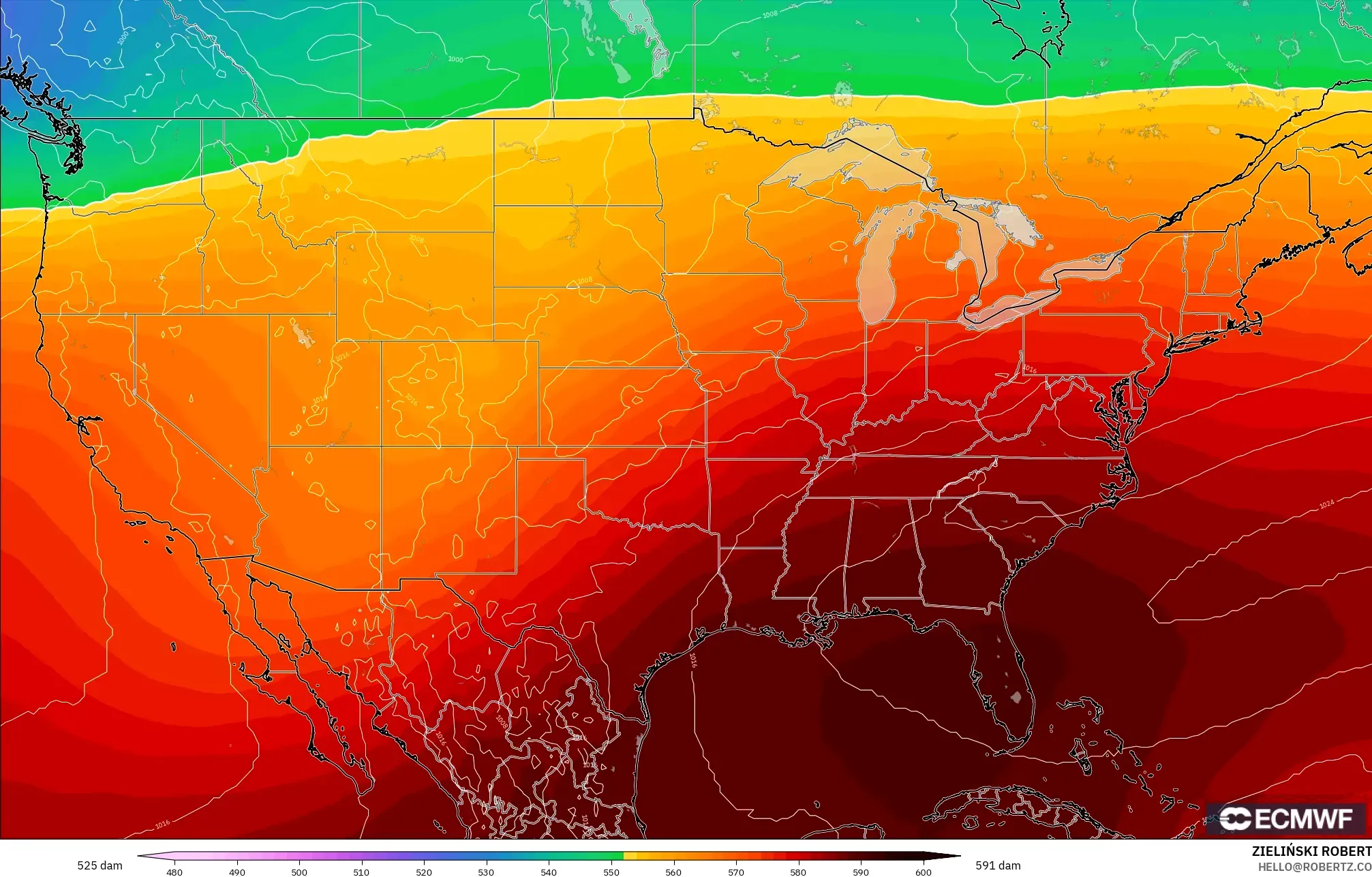 ECMWF IFS 0.25° モデル - アメリカ合衆国, 500hPaのジオポテンシャル高度