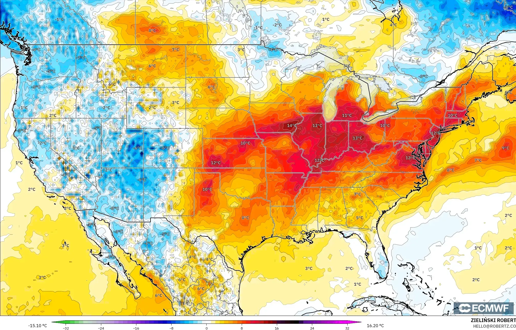 ECMWF IFS 0.25° モデル - アメリカ合衆国, 気温異常（2m）
