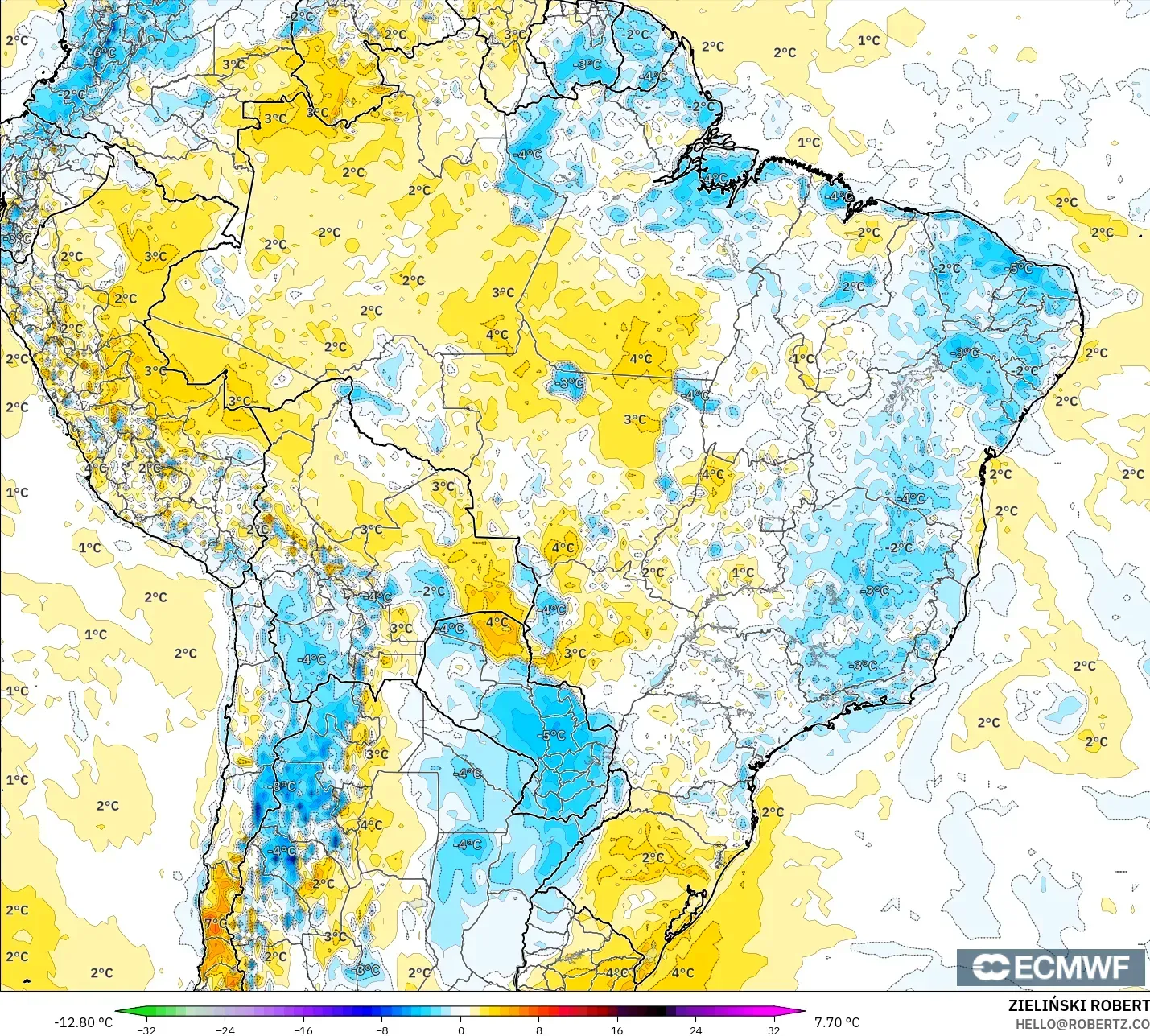 ECMWF IFS 0.25° モデル - ブラジル, 気温異常（2m）