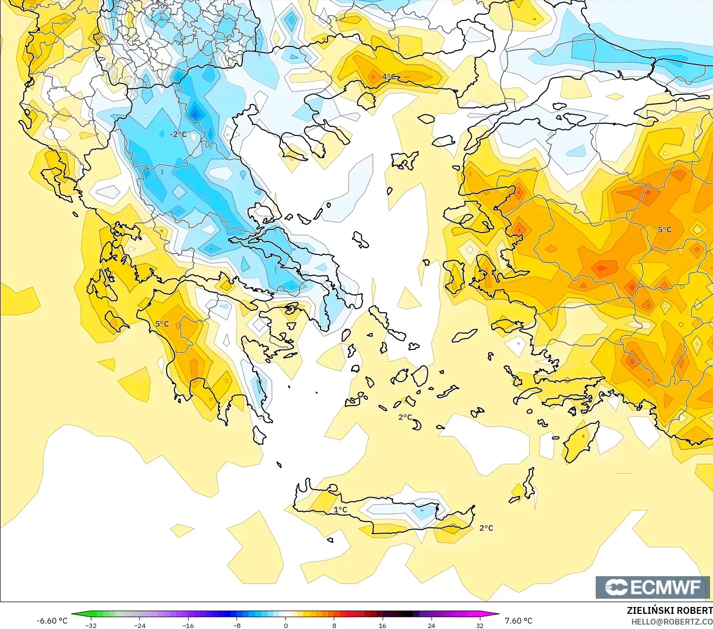 ECMWF IFS 0.25° モデル - ギリシャ, 気温異常（2m）