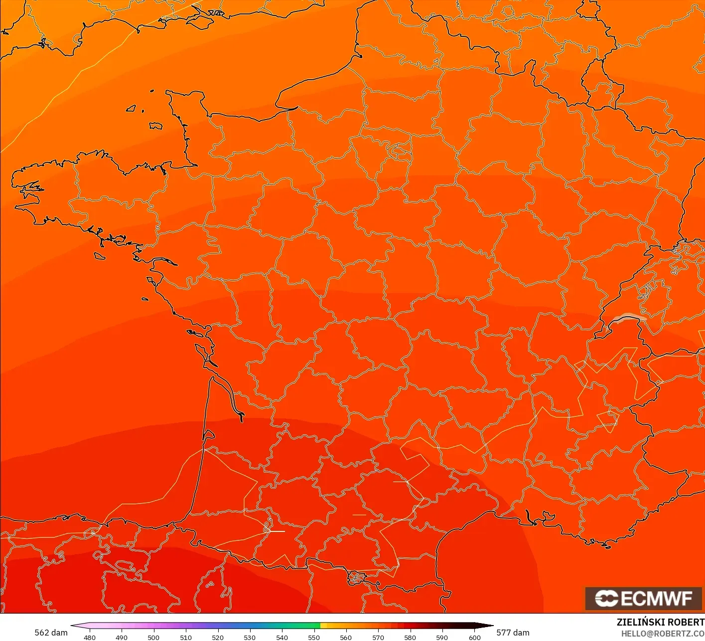 ECMWF IFS 0.25° モデル - フランス, 500hPaのジオポテンシャル高度