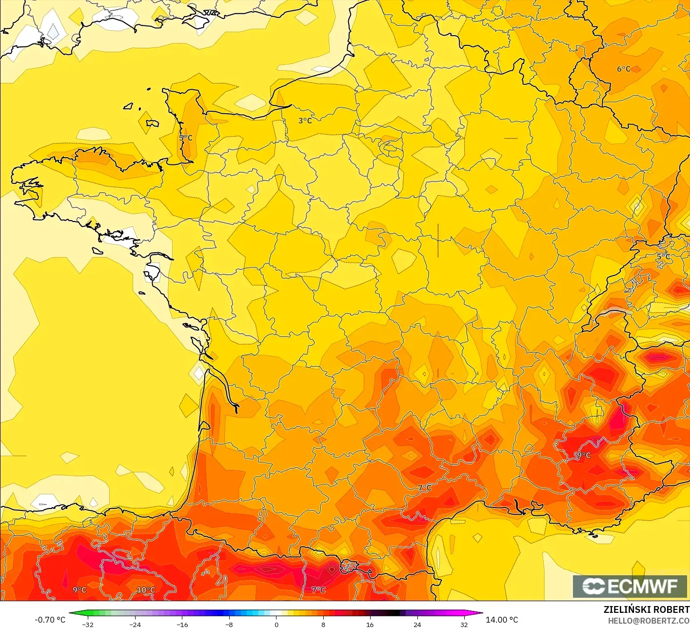 ECMWF IFS 0.25° モデル - フランス, 気温異常（2m）
