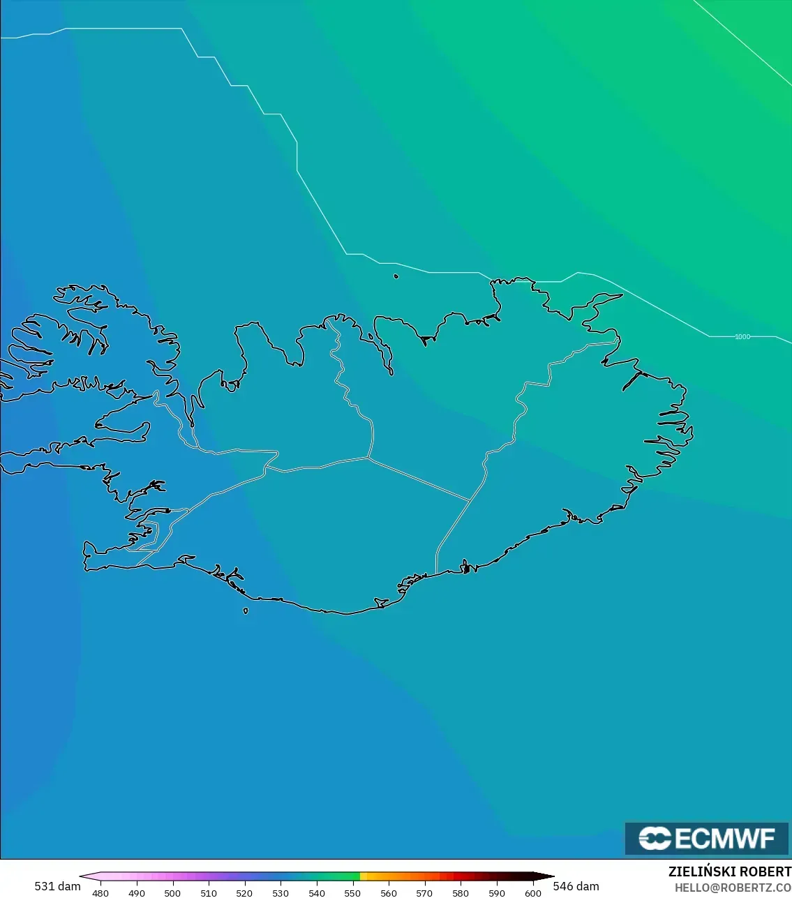ECMWF IFS 0.25° モデル - アイスランド, 500hPaのジオポテンシャル高度