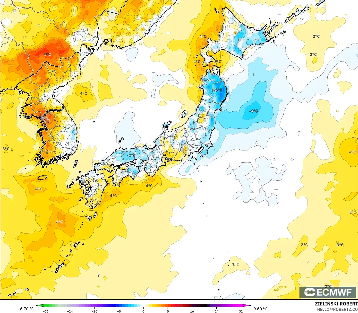 ECMWF IFS 0.25° モデル - 日本, 気温異常（2m）
