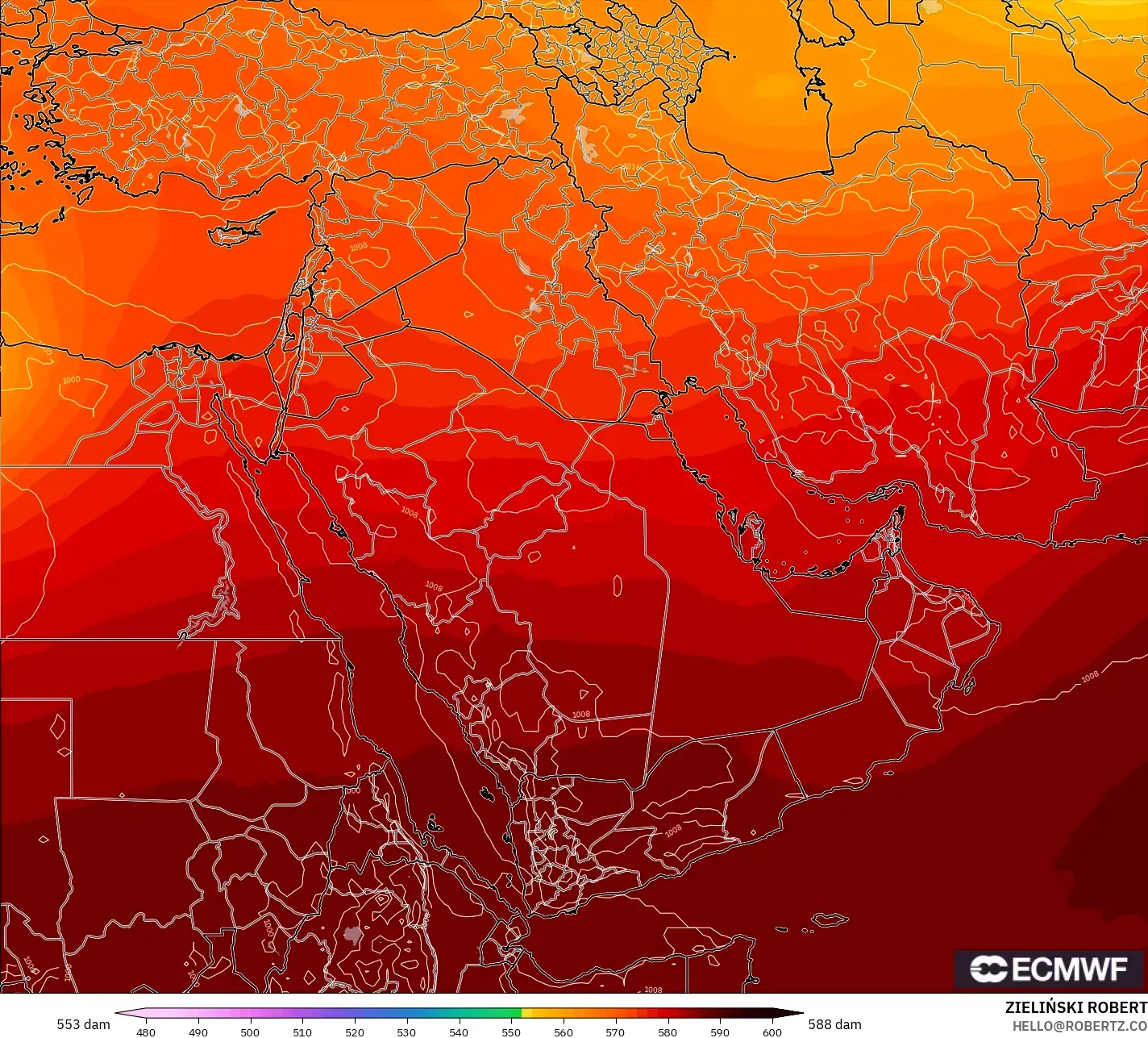 ECMWF IFS 0.25° モデル - 中東, 500hPaのジオポテンシャル高度