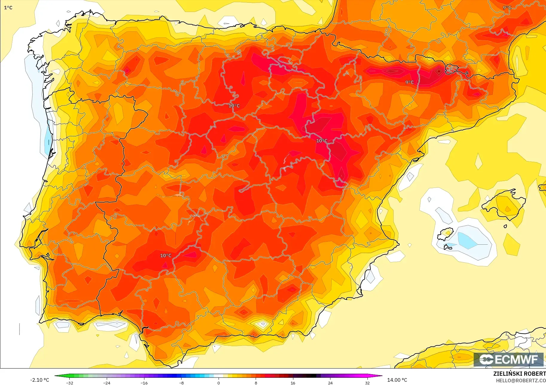 ECMWF IFS 0.25° モデル - スペイン, 気温異常（2m）