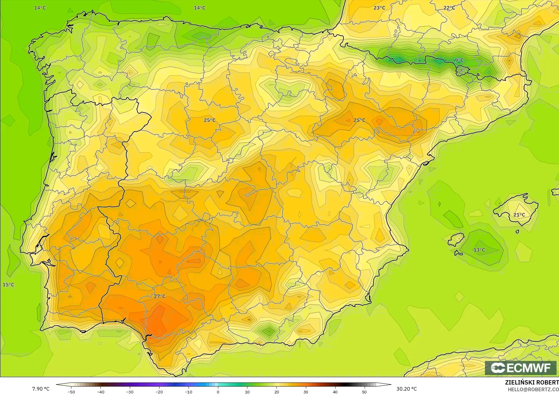 ECMWF IFS 0.25° モデル - スペイン, 気温（2m）