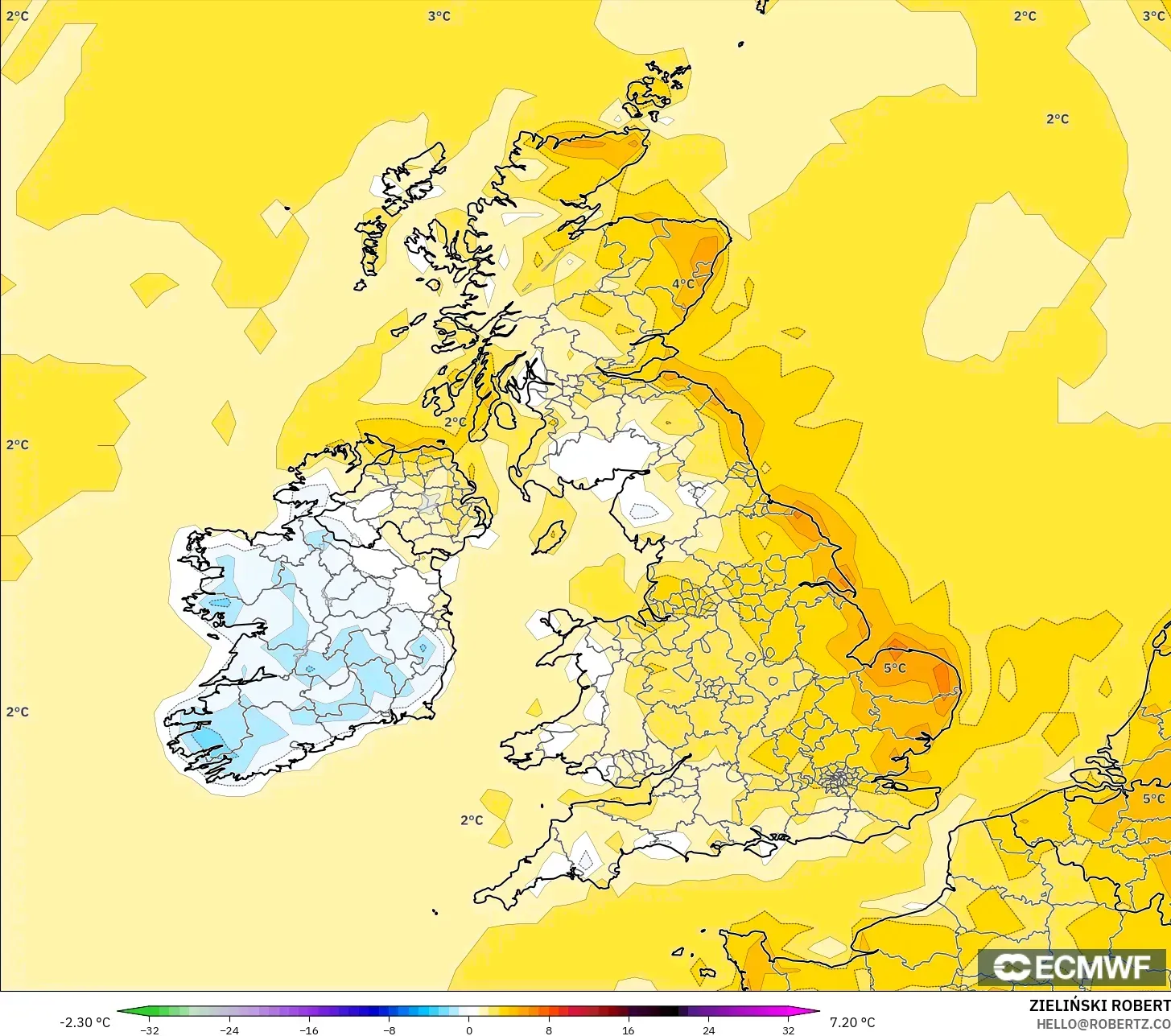 ECMWF IFS 0.25° モデル - イギリス, 気温異常（2m）