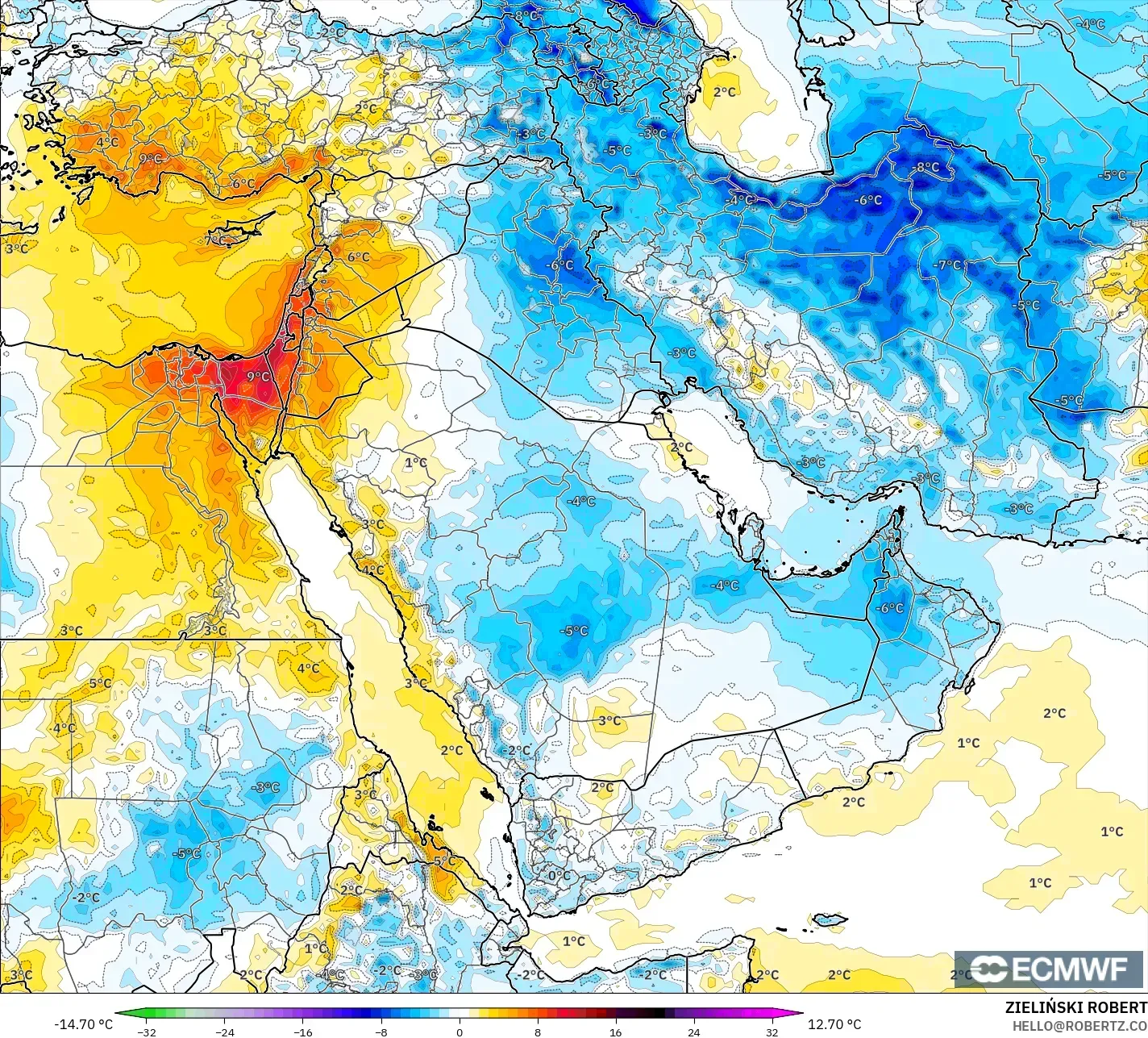 ECMWF IFS 0.25° モデル - 中東, 気温異常（2m）