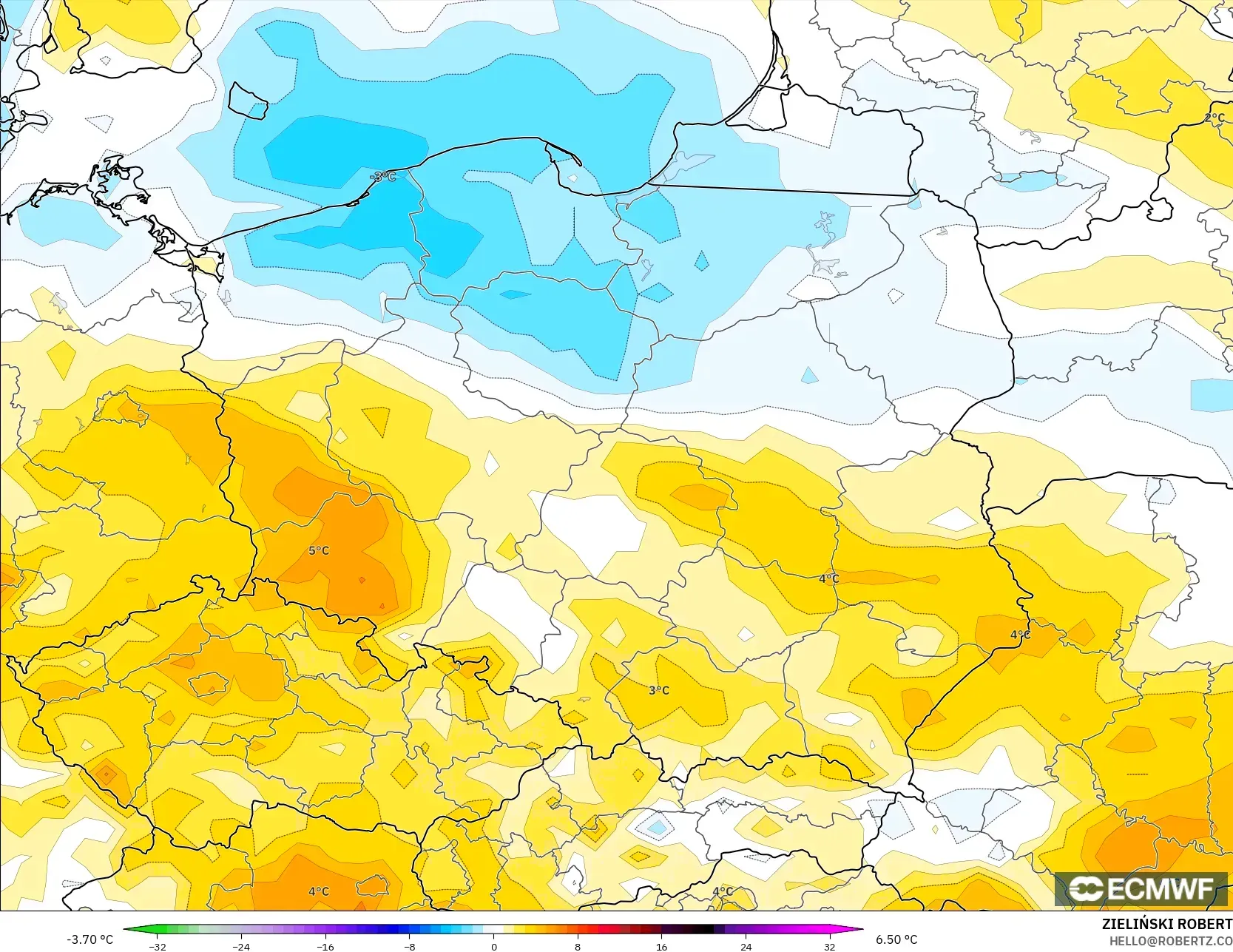 ECMWF IFS 0.25° モデル - ポーランド, 気温異常（2m）