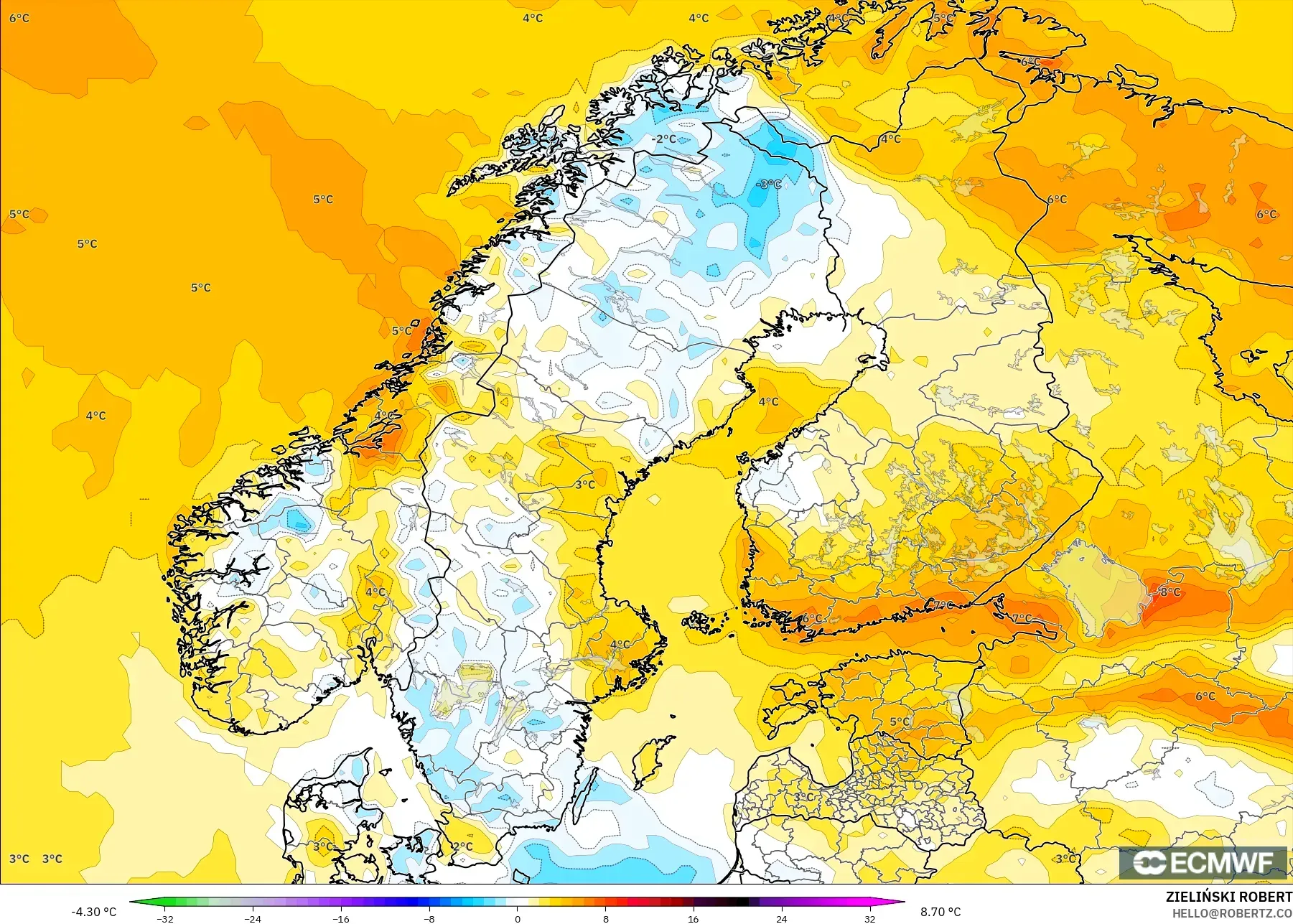 ECMWF IFS 0.25° モデル - スカンジナビア, 気温異常（2m）