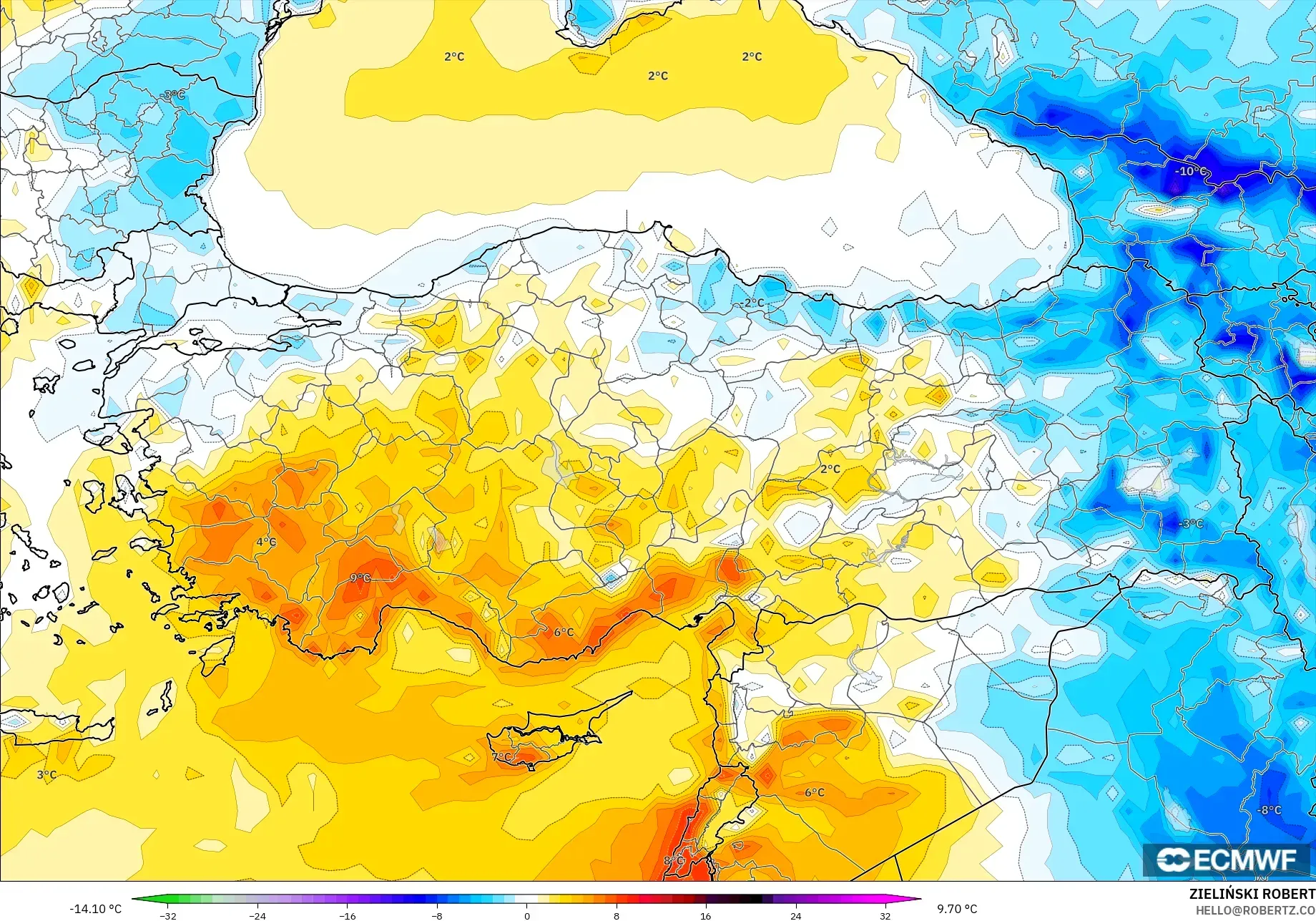 ECMWF IFS 0.25° モデル - トルコ, 気温異常（2m）