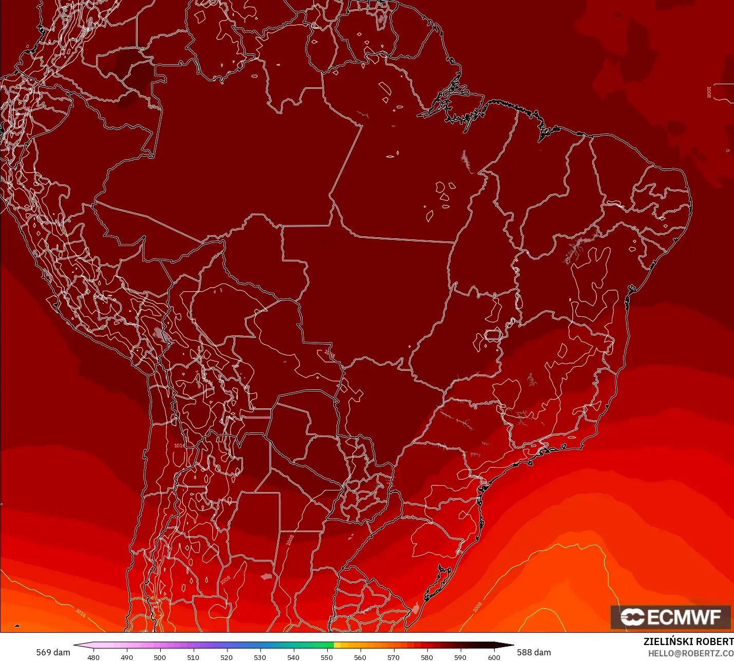 ECMWF IFS 0.25° モデル - ブラジル, 500hPaのジオポテンシャル高度