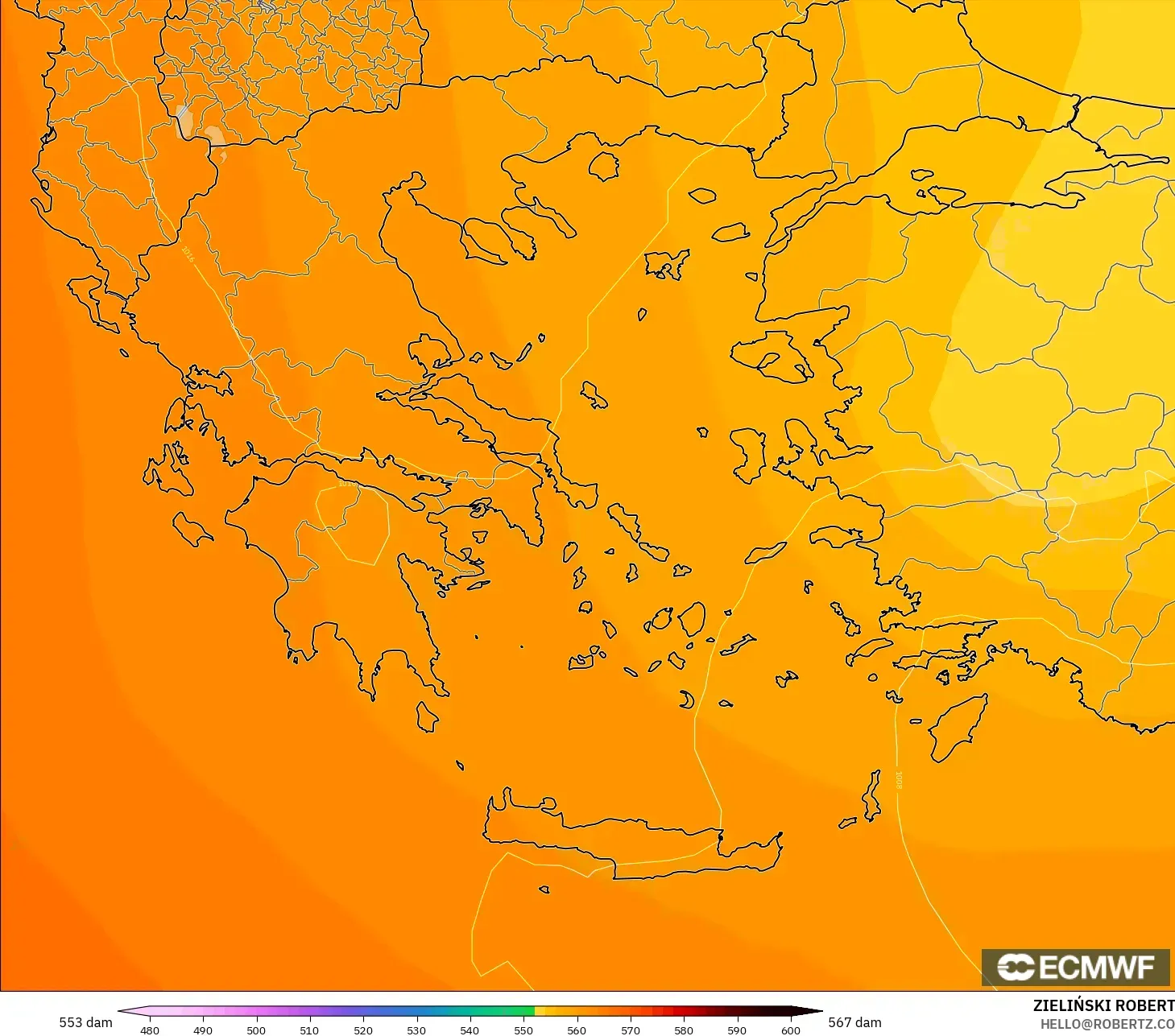 ECMWF IFS 0.25° モデル - ギリシャ, 500hPaのジオポテンシャル高度