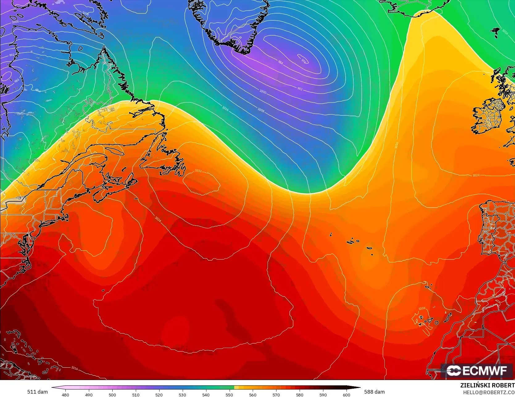 ECMWF IFS 0.25° モデル - 北大西洋, 500hPaのジオポテンシャル高度
