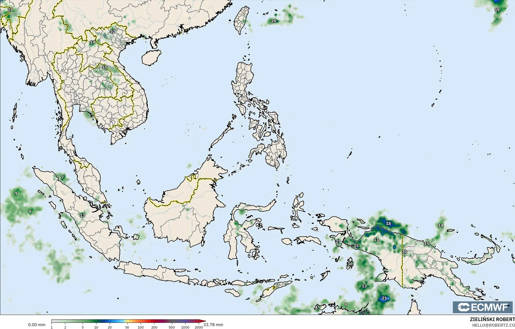ECMWF IFS 0.25° モデル - 東南アジア, 降水量の合計