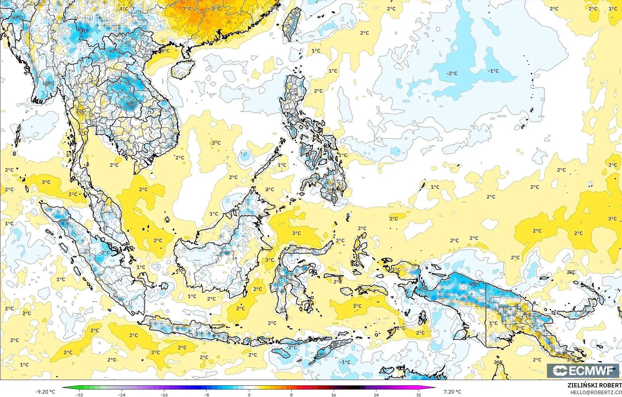 ECMWF IFS 0.25° モデル - 東南アジア, 気温異常（2m）