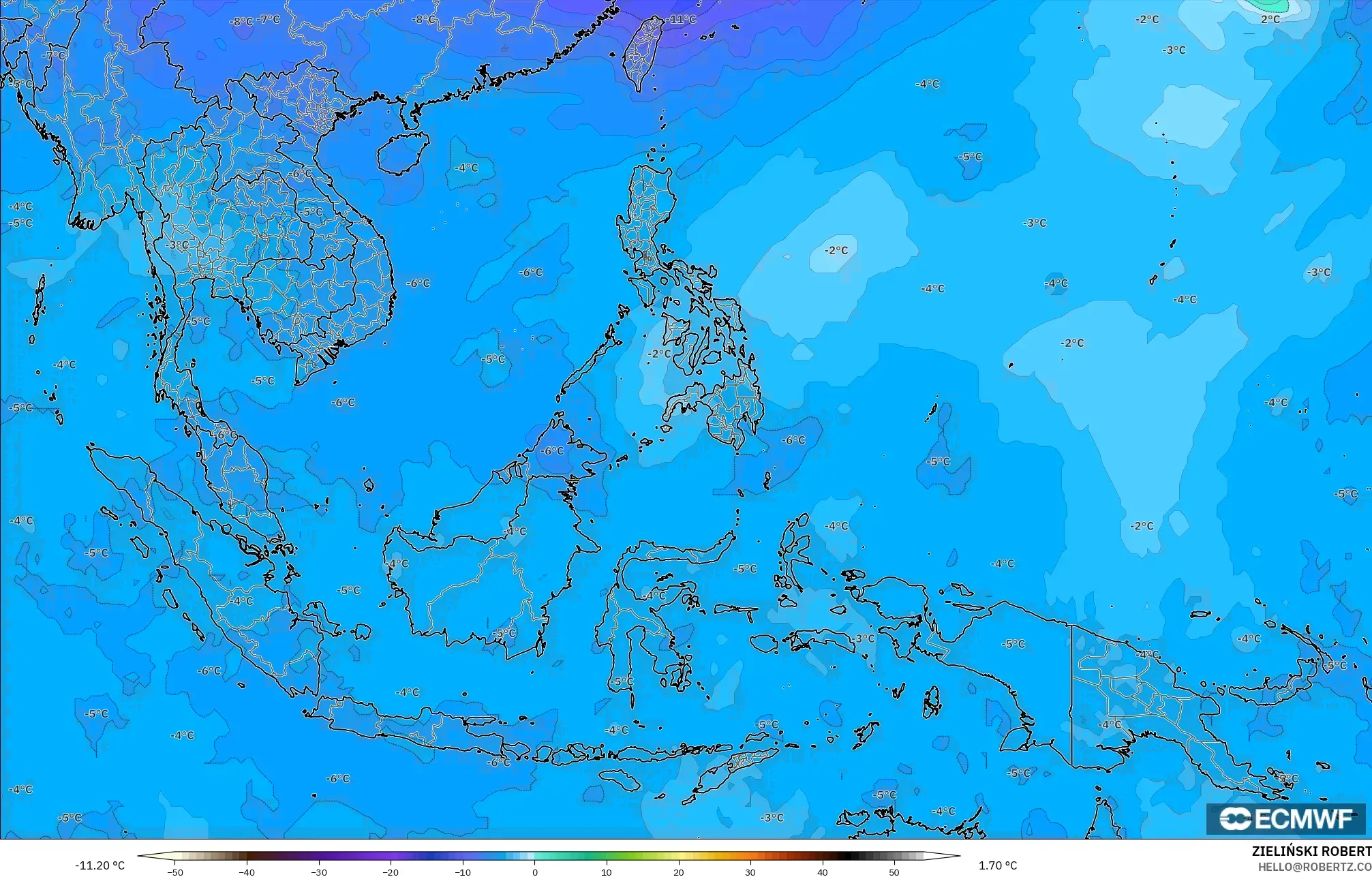 ECMWF IFS 0.25° モデル - 東南アジア, 気温（500hPa）