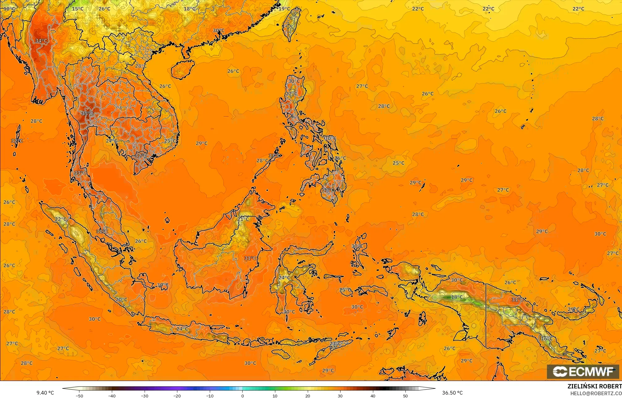 ECMWF IFS 0.25° モデル - 東南アジア, 気温（2m）