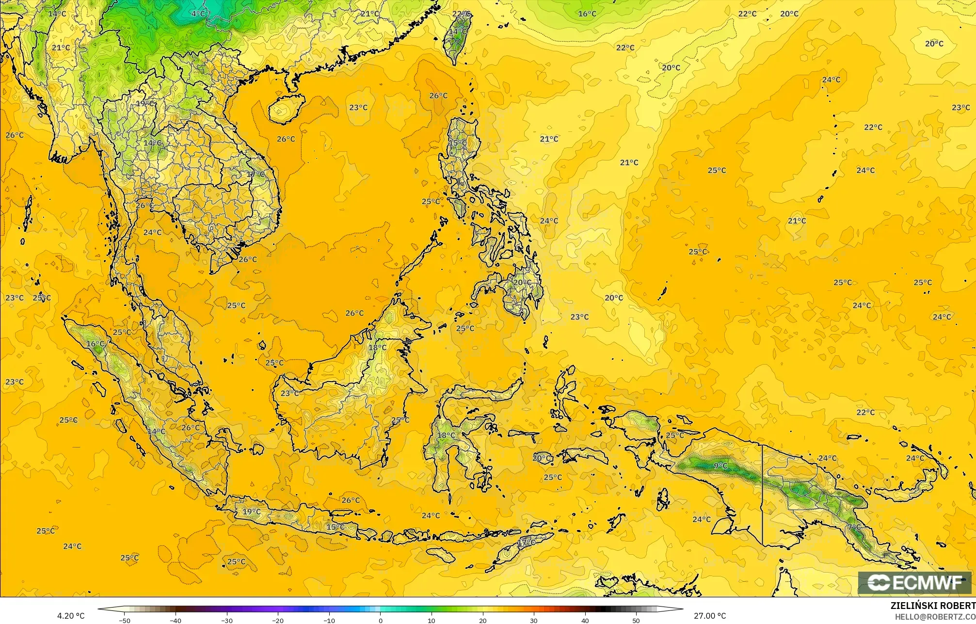 ECMWF IFS 0.25° モデル - 東南アジア, 露点温度（2m）