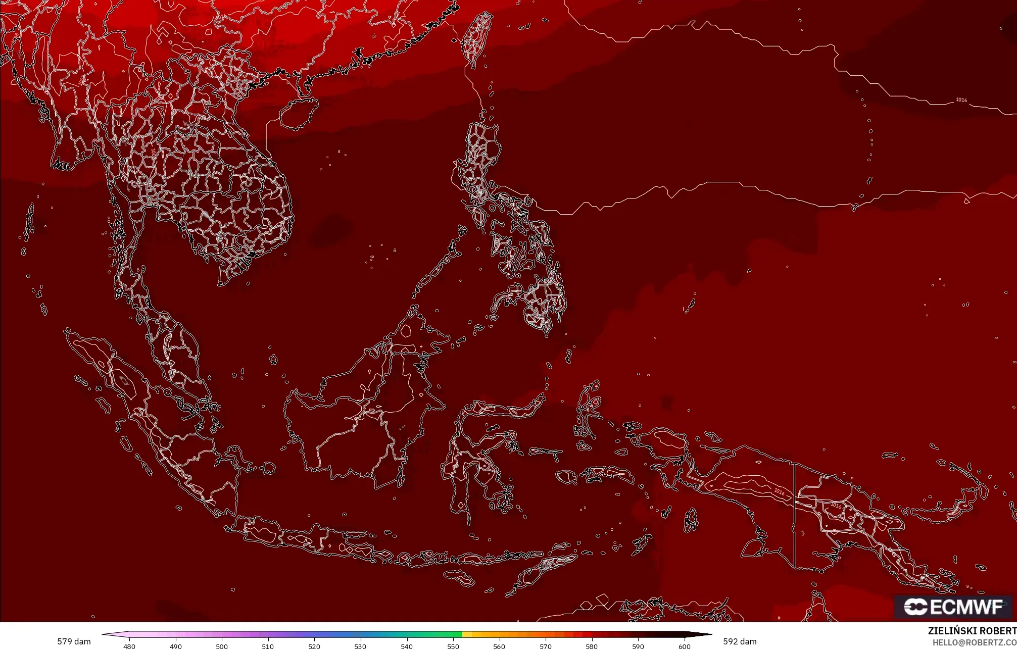 ECMWF IFS 0.25° モデル - 東南アジア, 500hPaのジオポテンシャル高度