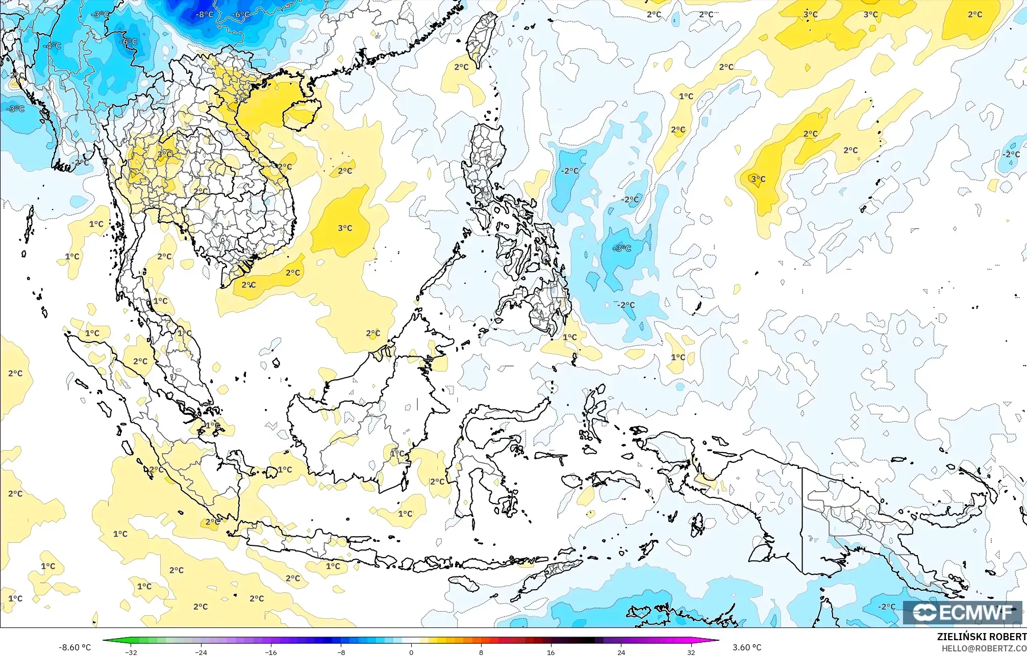 ECMWF IFS 0.25° モデル - 東南アジア, 気温異常（850hPa）