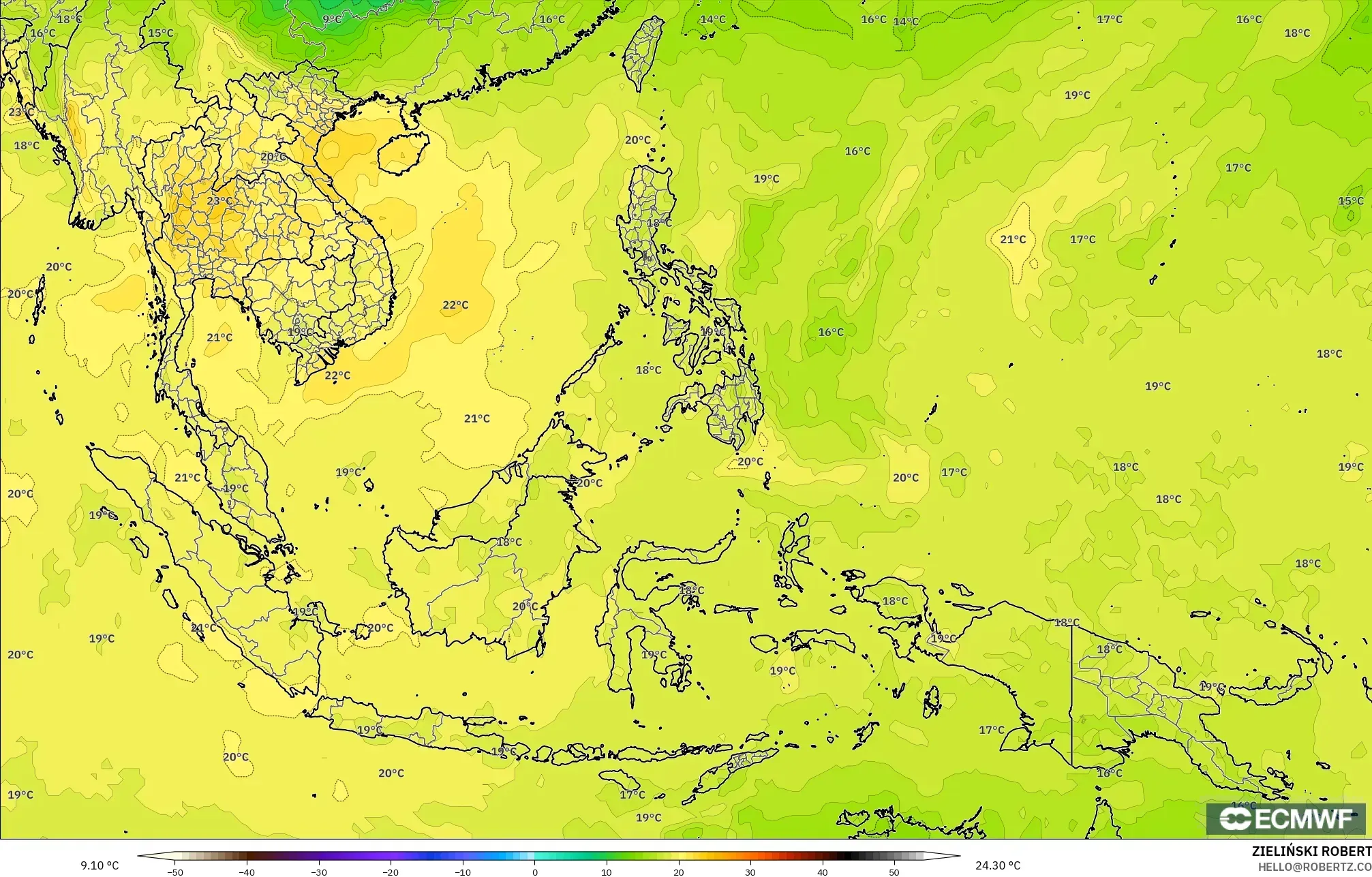 ECMWF IFS 0.25° モデル - 東南アジア, 気温（850hPa）