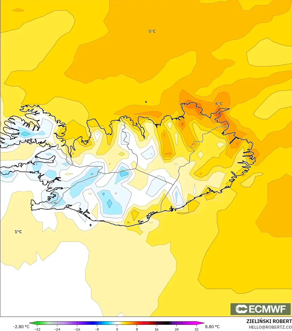 ECMWF IFS 0.25° モデル - アイスランド, 気温異常（2m）