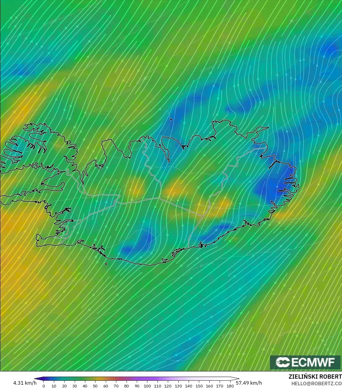 ECMWF IFS 0.25° モデル - アイスランド, 風速（10m）