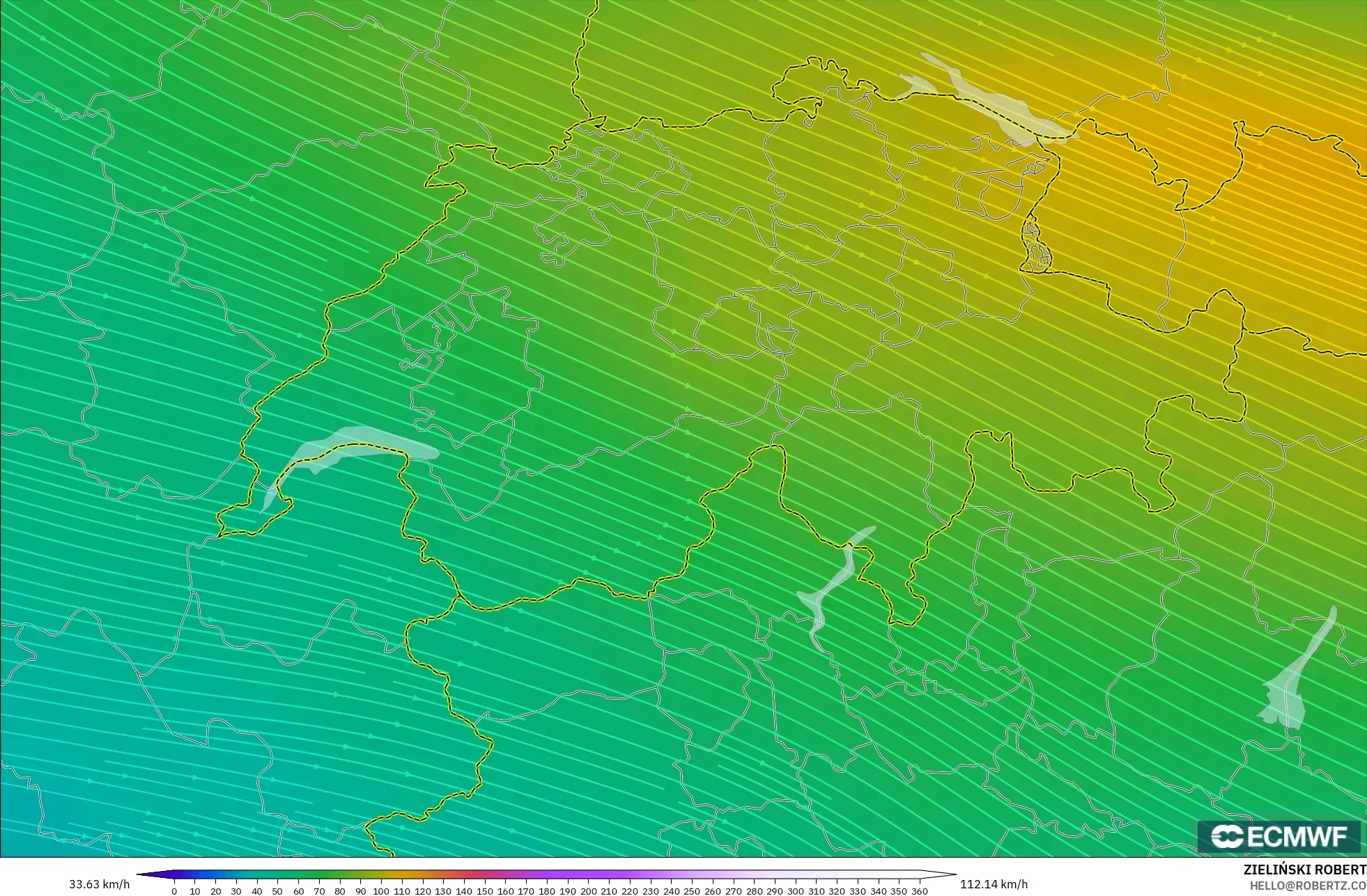 ECMWF IFS 0.25° モデル - スイス, 風速（300hPa）