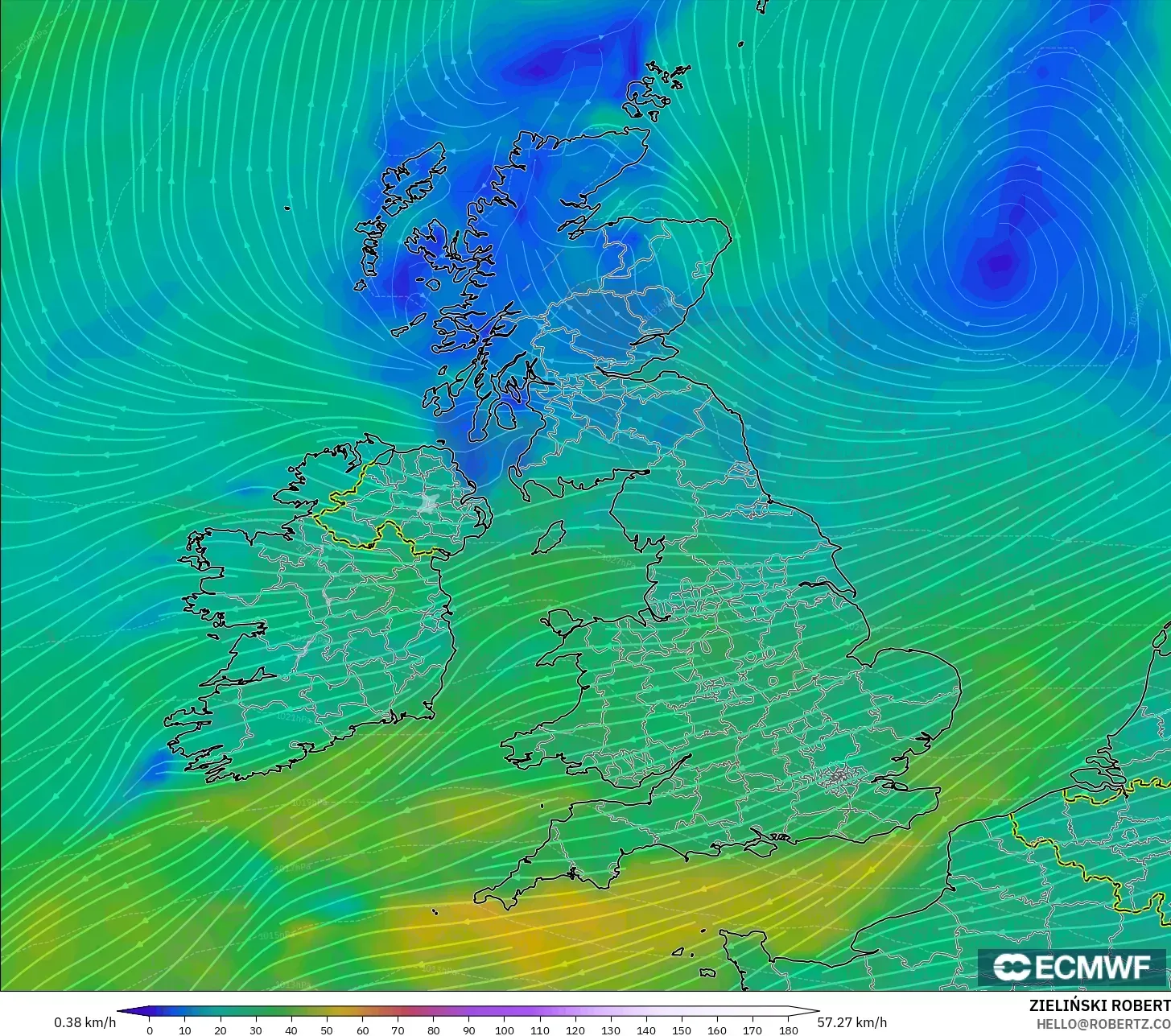 ECMWF IFS 0.25° モデル - イギリス, 風速（10m）