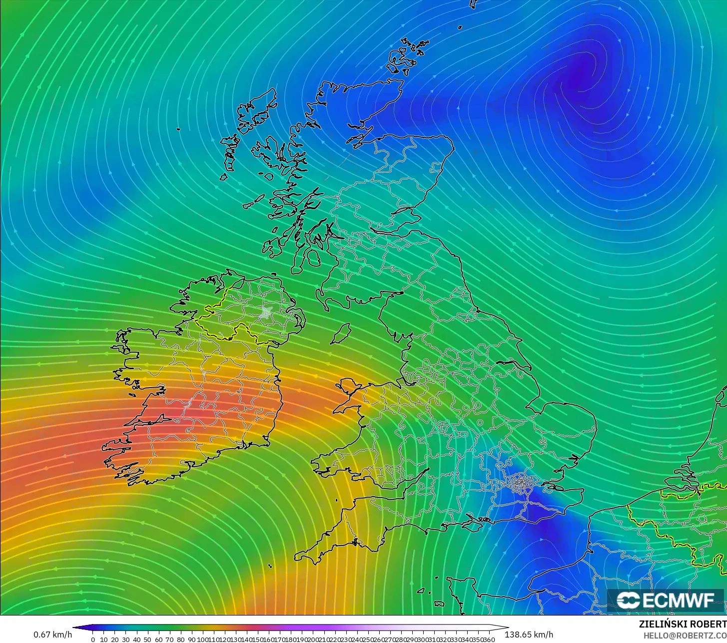 ECMWF IFS 0.25° モデル - イギリス, 風速（300hPa）