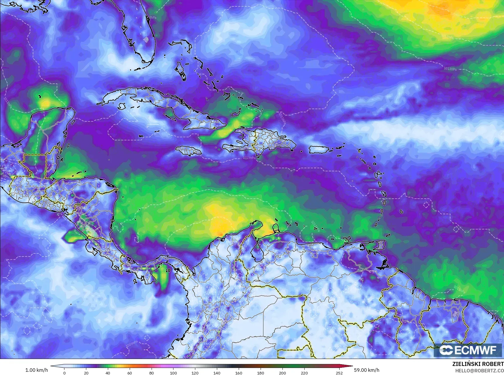 ECMWF IFS 0.25° モデル - カリブ海, 突風