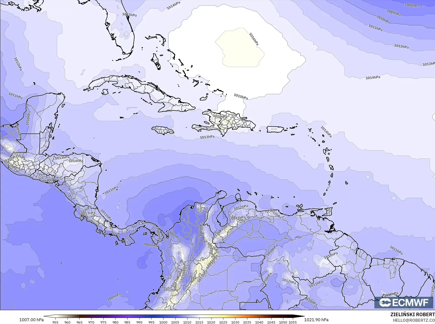 ECMWF IFS 0.25° モデル - カリブ海, 気圧