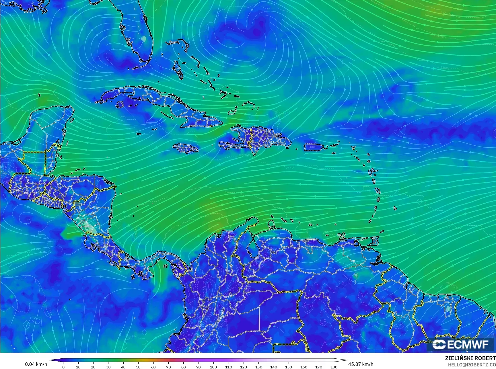 ECMWF IFS 0.25° モデル - カリブ海, 風速（10m）