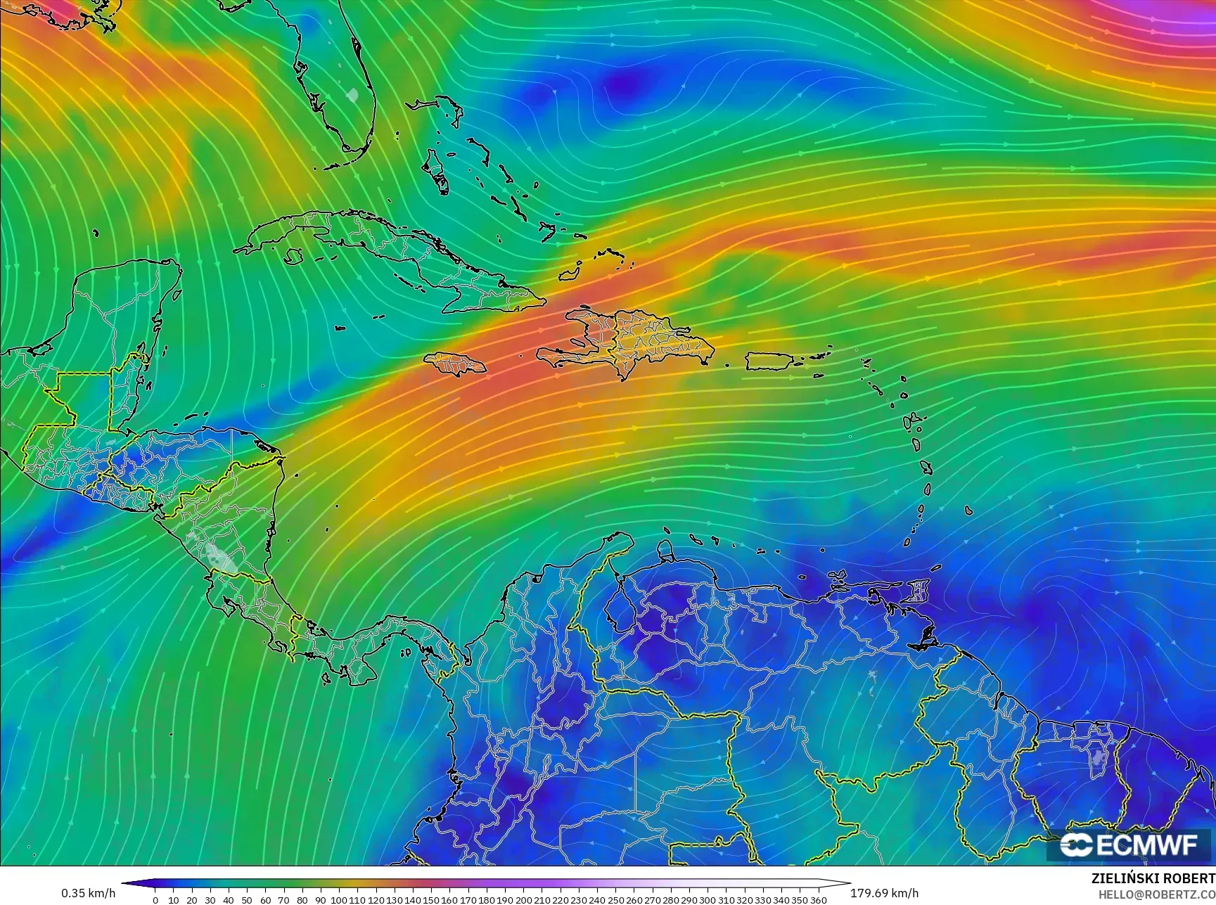 ECMWF IFS 0.25° モデル - カリブ海, 風速（300hPa）