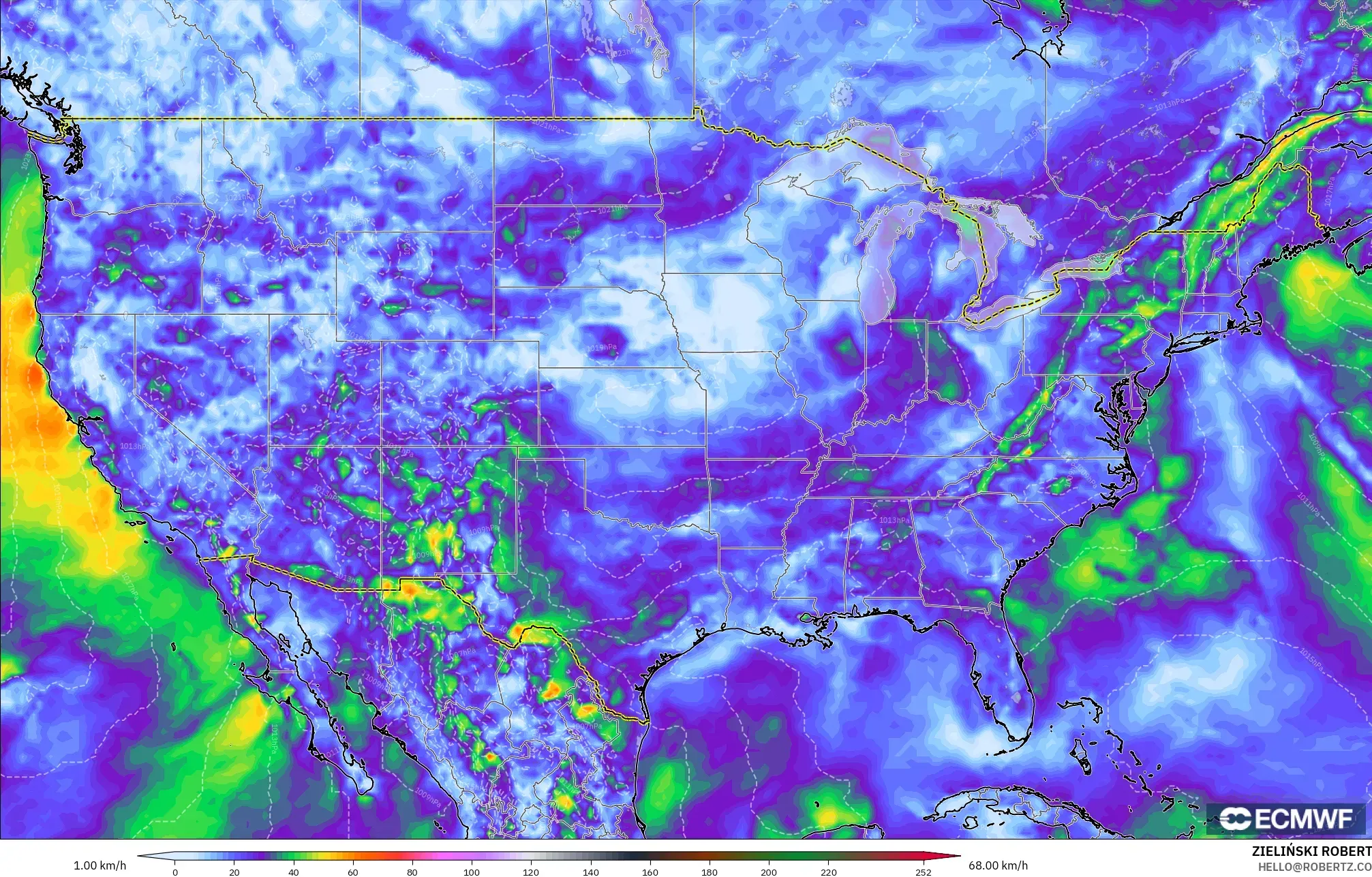 ECMWF IFS 0.25° モデル - アメリカ合衆国, 突風（最大）