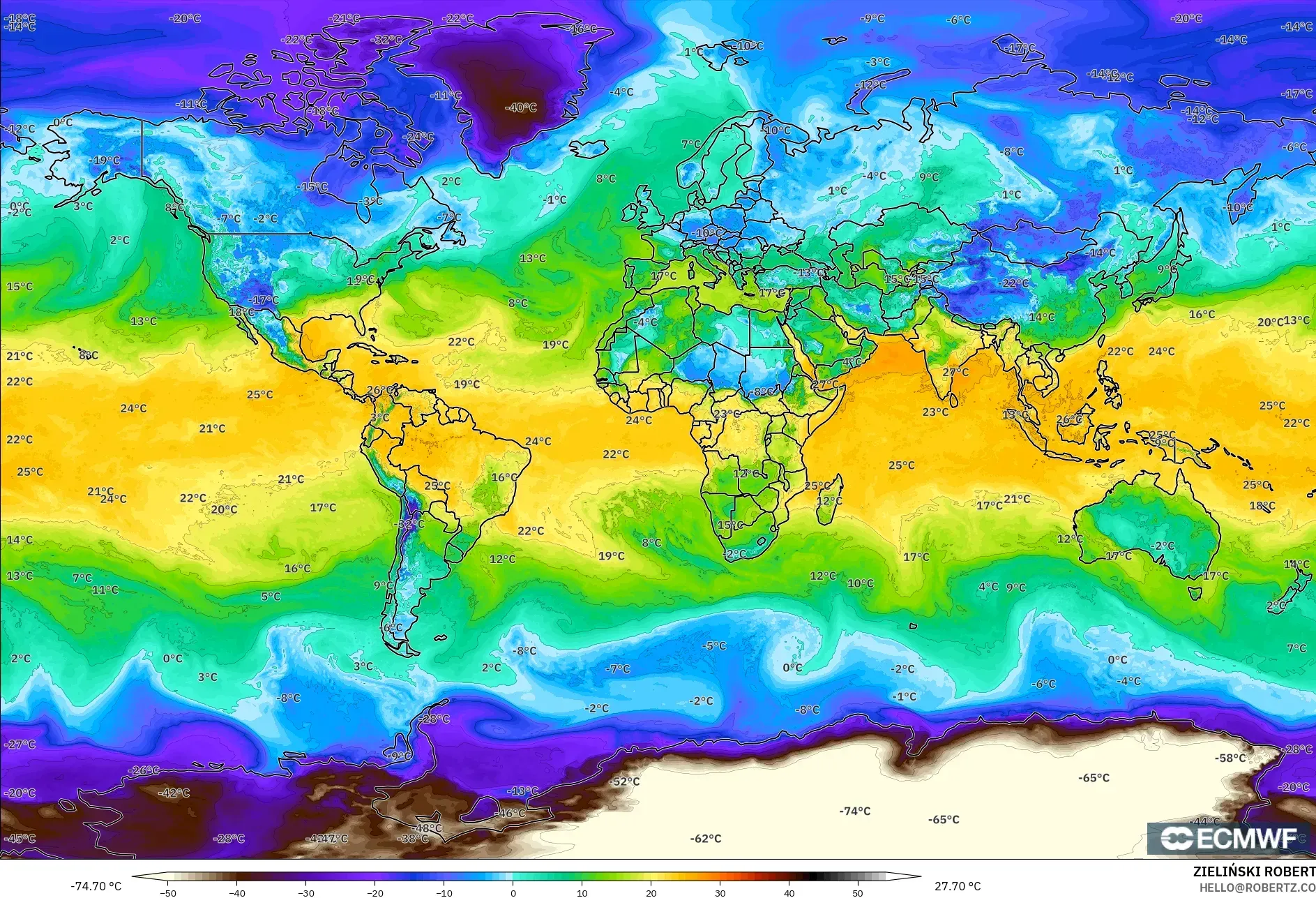 ECMWF IFS 0.25° モデル - 世界, 露点温度（2m）