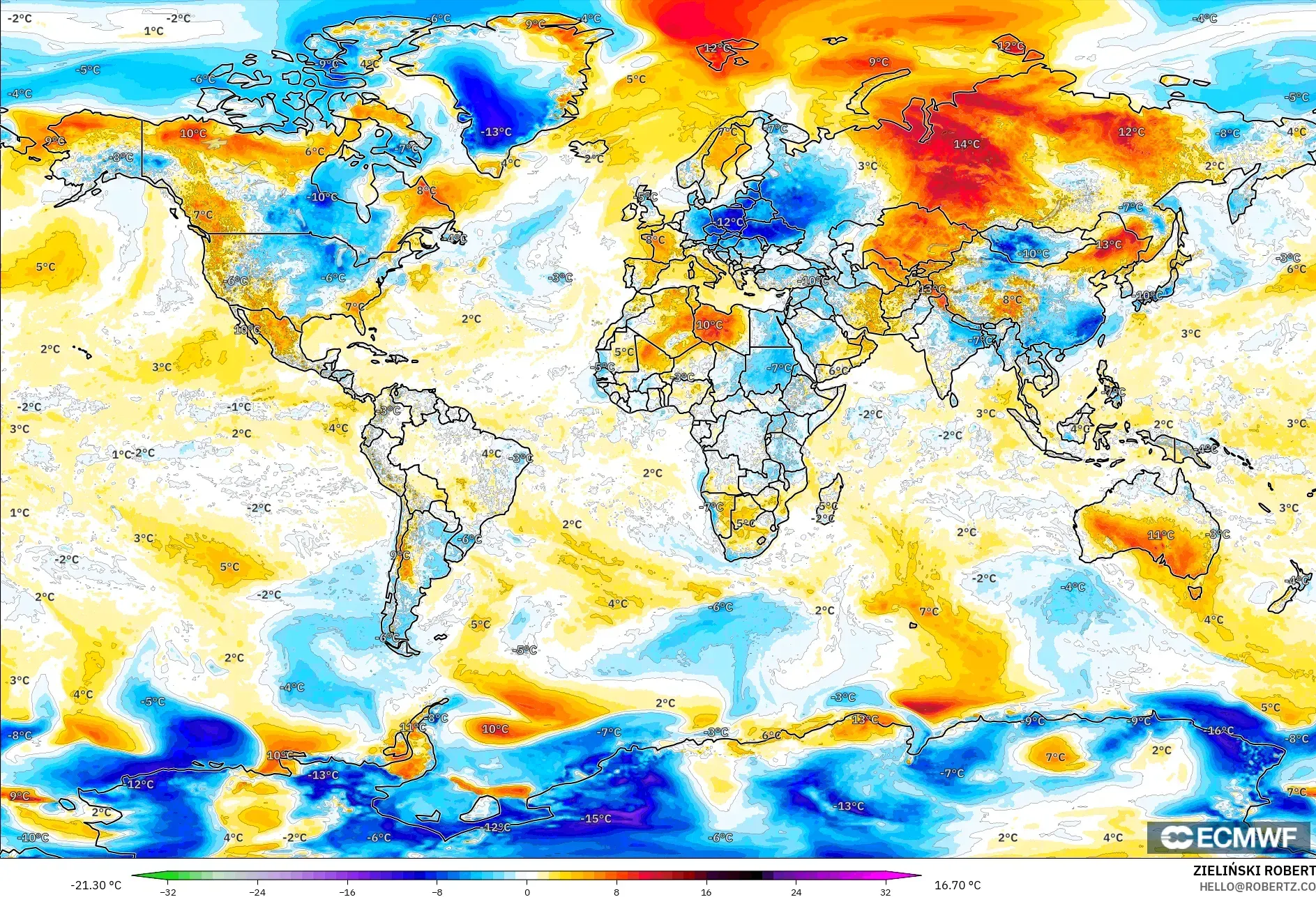 ECMWF IFS 0.25° モデル - 世界, 気温異常（2m）