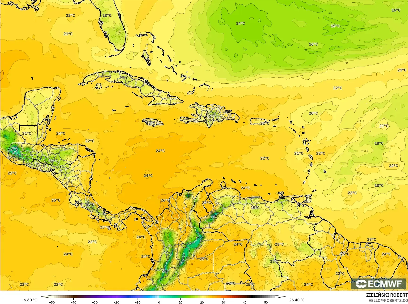 ECMWF IFS 0.25° モデル - カリブ海, 露点温度（2m）