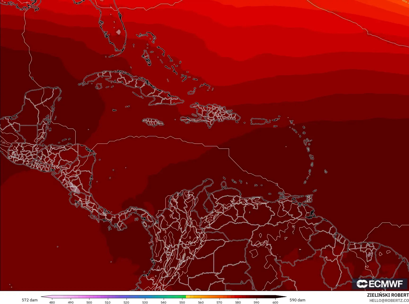 ECMWF IFS 0.25° モデル - カリブ海, 500hPaのジオポテンシャル高度