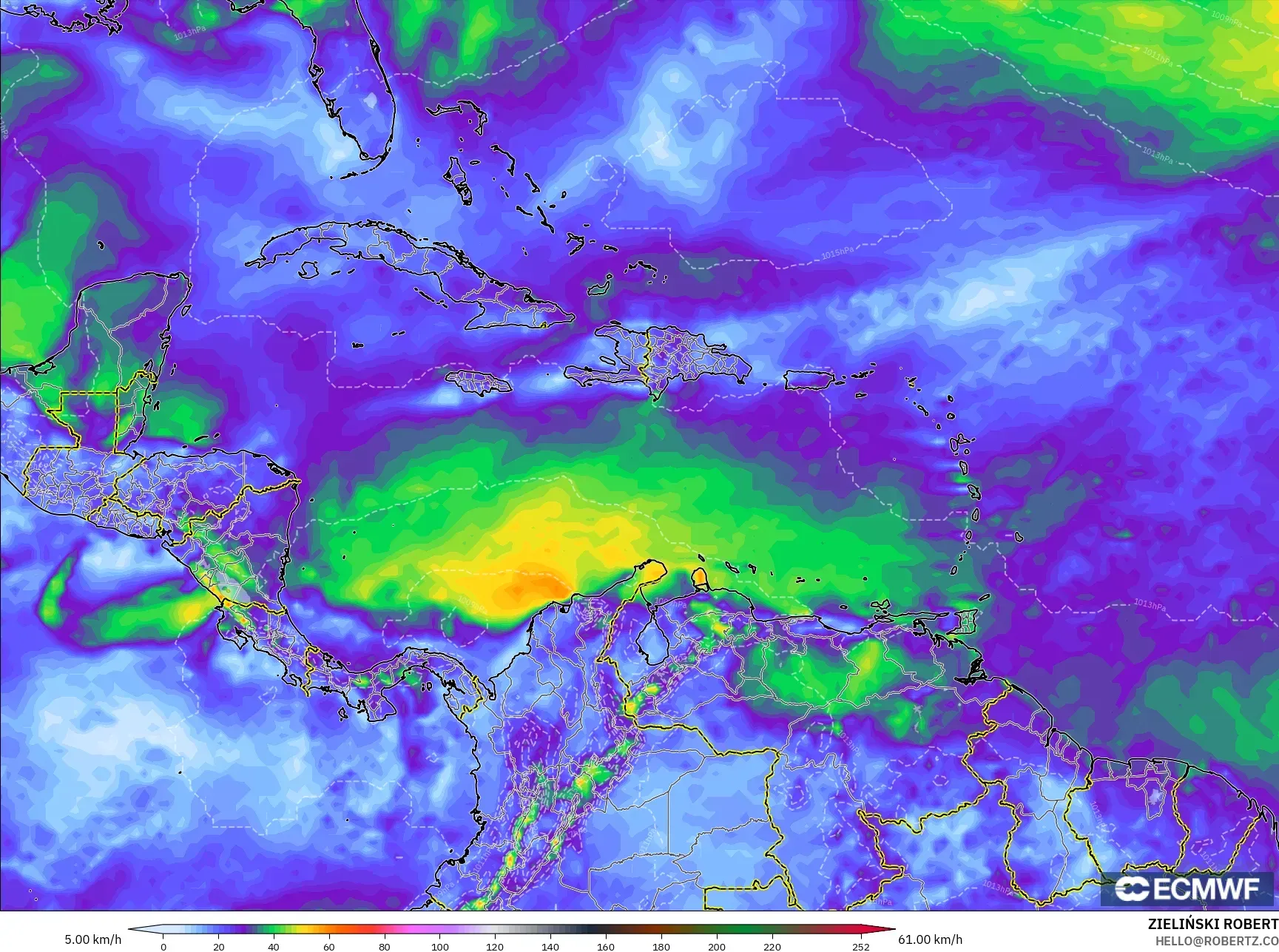 ECMWF IFS 0.25° モデル - カリブ海, 突風（最大）