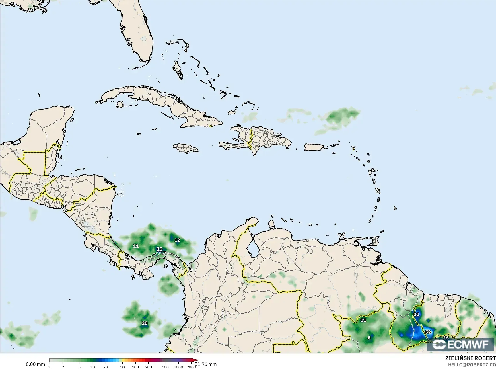 ECMWF IFS 0.25° モデル - カリブ海, 降水量の合計