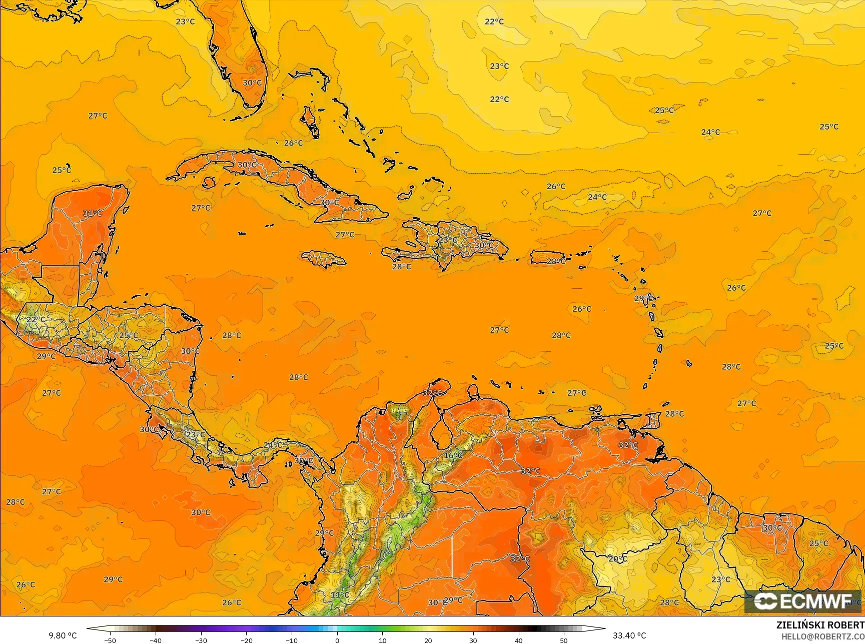 ECMWF IFS 0.25° モデル - カリブ海, 気温（2m）