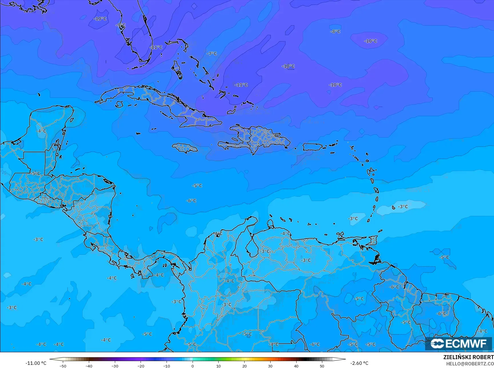 ECMWF IFS 0.25° モデル - カリブ海, 気温（500hPa）