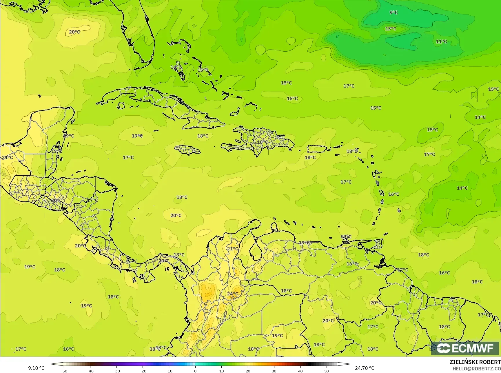 ECMWF IFS 0.25° モデル - カリブ海, 気温（850hPa）